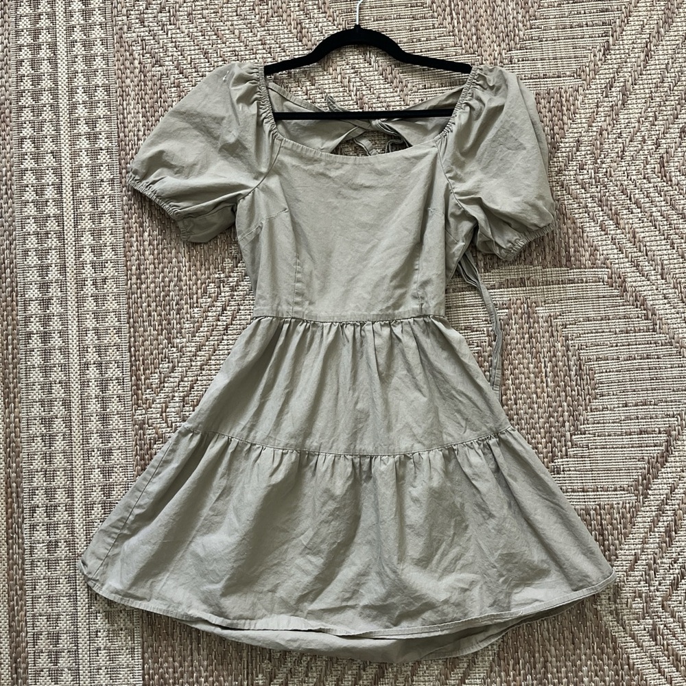 Puff Sleeve Square Neck Mini Dress with Tie Back